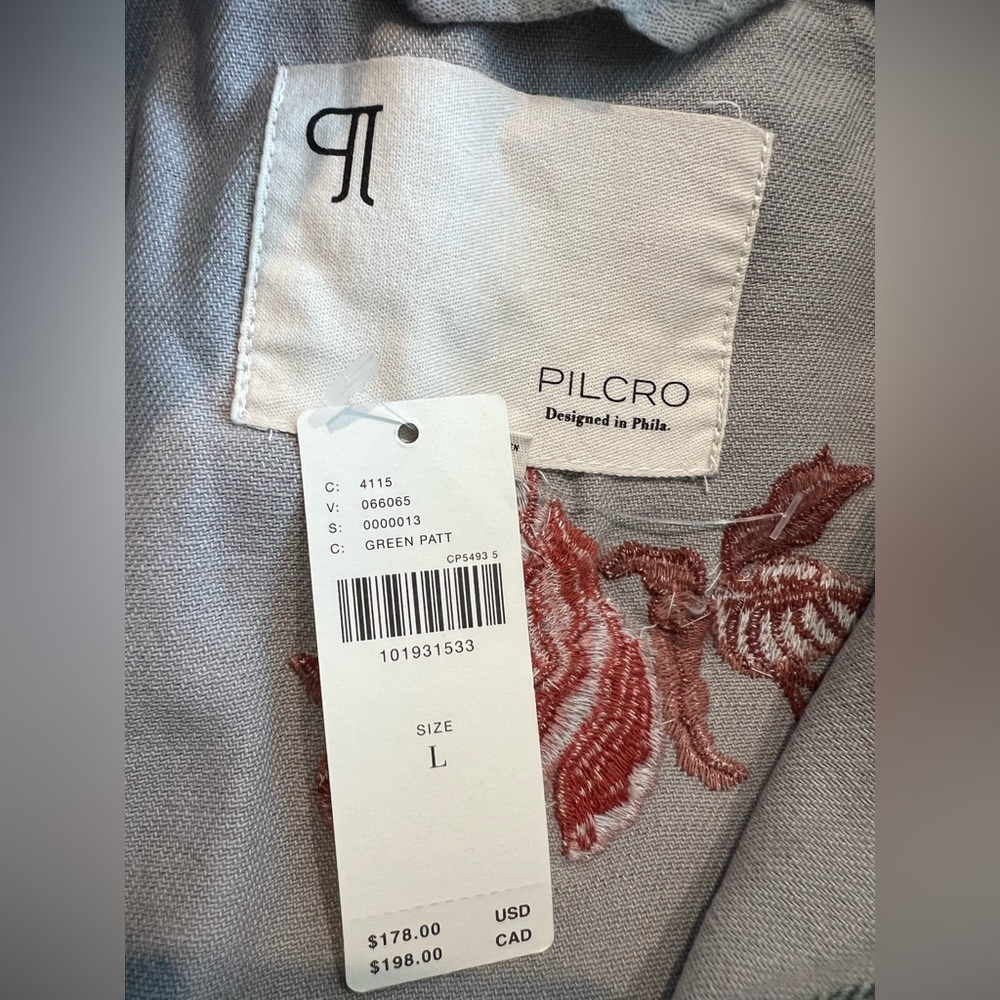 🌹Anthropologie Camouflage Denim Utility Jacket Pilcro New Floral Embroidered - Picture 14 of 15
